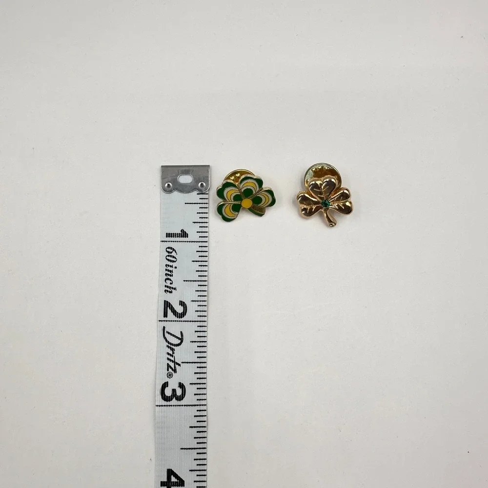 Vintage 90s Shamrock Lapel Pins Set Green Enamel Gold Tone Floral Rhinestone Y2K